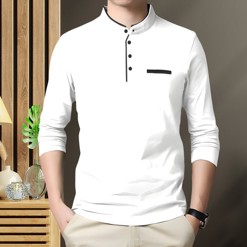 Men White Henley Full Sleeve T-Shirt